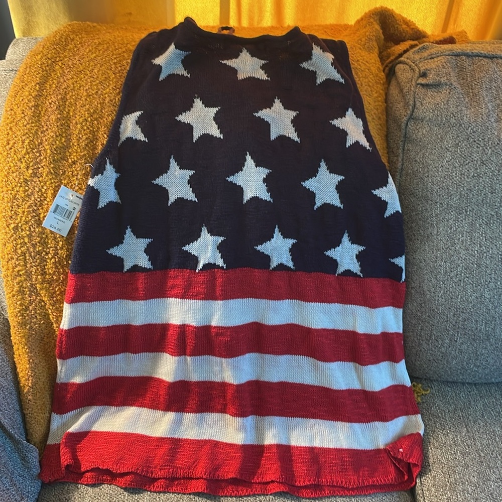 American Flag Knit TANK TOP sweater V Neck Hang Ties STARS STRIPE RED white BLU - Picture 4 of 5